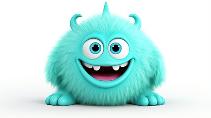 Naklejka premium 3D rendering of a cute and friendly blue monster. The monster has big blue eyes, a wide smile, and is covered in soft fur.