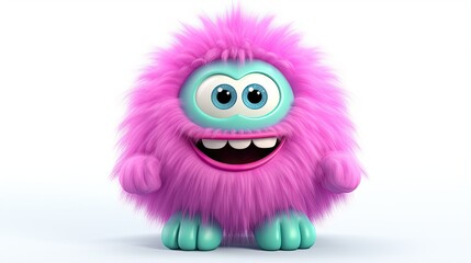 Fototapeta premium A cute and cuddly pink monster with big blue eyes and a happy smile. It is covered in soft fur and has four arms and legs.