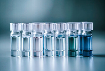 Scientific research laboratory lab vials standing on a gray background. 