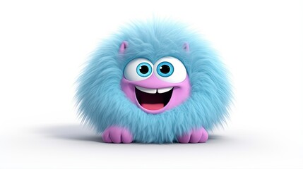 Fototapeta premium Cute blue and pink furry creature smiling with its big blue eyes looking at you. It has a big smile on its face and its pink paws are in front of him.