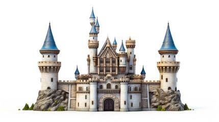 Obraz premium A majestic castle stands tall and proud, its spires reaching towards the sky. The castle is made of gray stone and has blue accents on the roof.