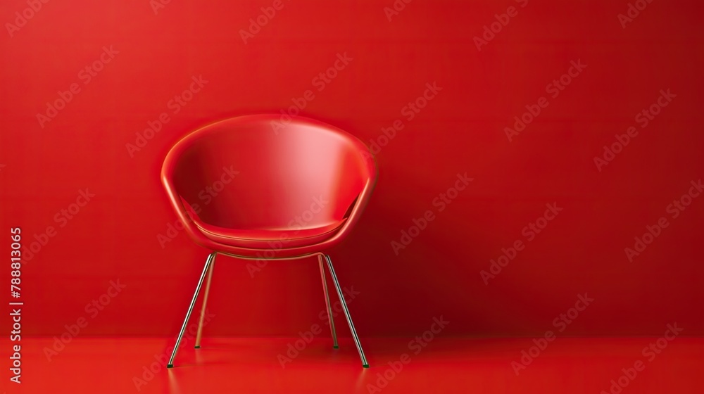 Poster minimalistic interior with a red chair. the chair is placed in the center of the frame and is the on