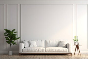 Interior of living room with white sofa, white wall paint, modern home