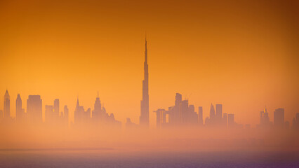 Dubai, United Arab Emirates - Jan 12 2024, 4k, Panoramic view of downtown Dubai skyscrapers, with...