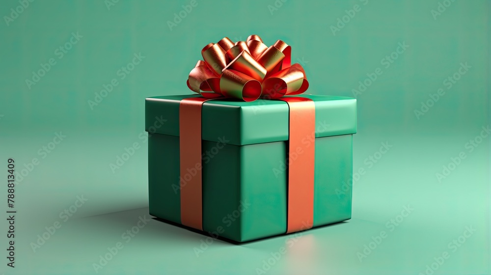 Poster this is a 3d rendering of a closed green gift box with a red ribbon and bow. the box is sitting on a