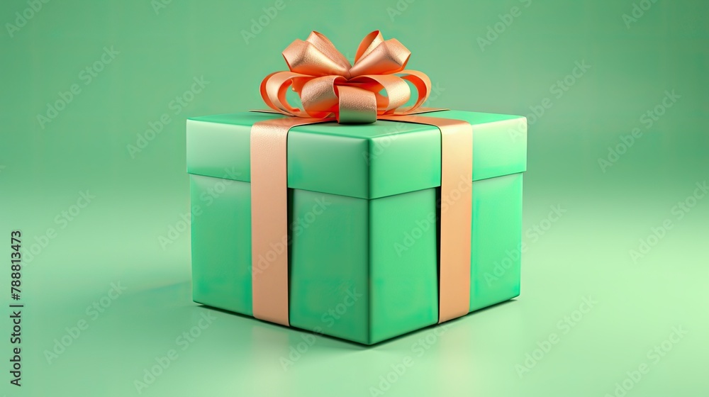 Poster 3d rendering of a simple green gift box with a pink ribbon on a matching background.