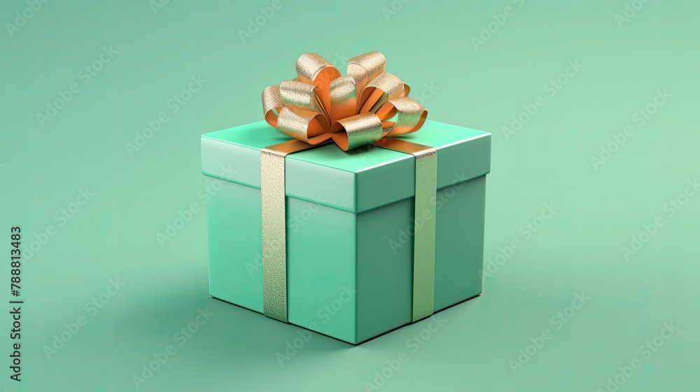 Poster a beautiful 3d rendering of a gift box with a gold ribbon and bow. the box is a light green color an