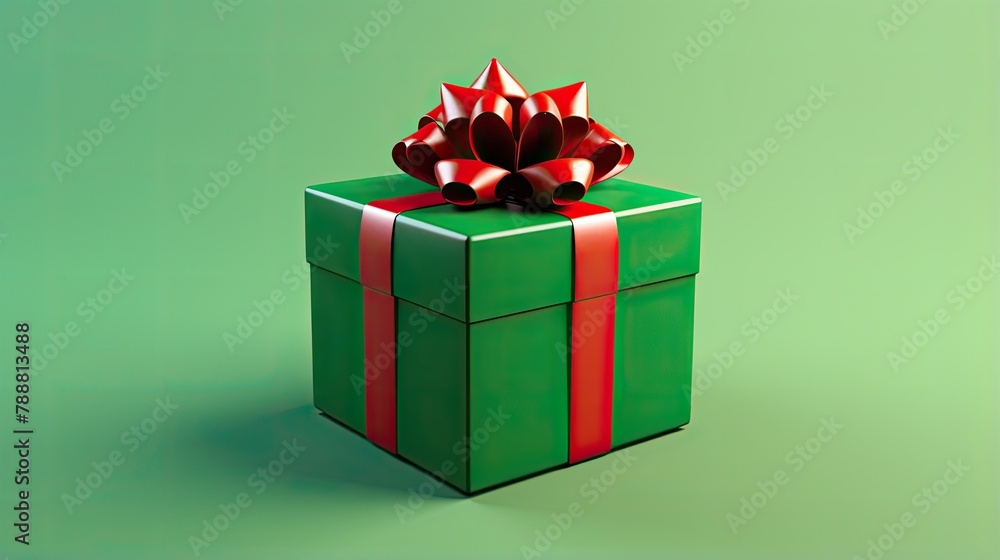 Poster a green gift box with a red ribbon and bow on a green background. the box is wrapped in a shiny pape
