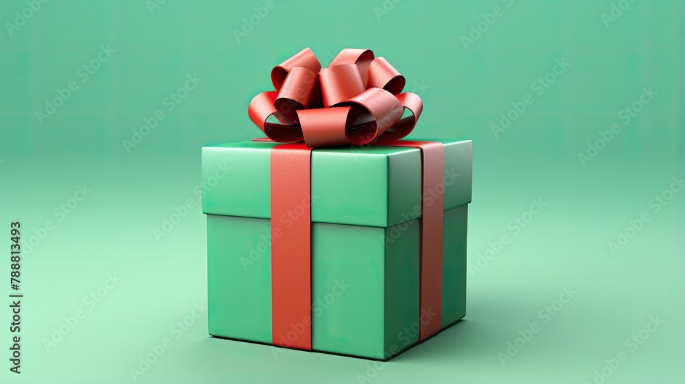 Poster a green gift box with a red ribbon and bow on a green background. the box is wrapped in a matte pape