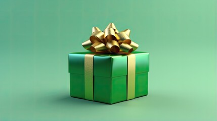 Obraz premium A green gift box with a gold ribbon and bow on a green background. The box is centered in the frame and the image is well-lit.