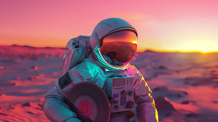 Astronaut with LP record, sunset as background - obrazy, fototapety, plakaty