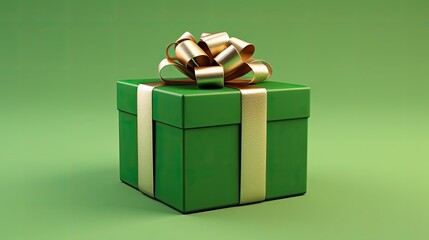 A green gift box with a gold ribbon and bow on a green background. The box is wrapped in a matte paper and has a gold ribbon wrapped around it.