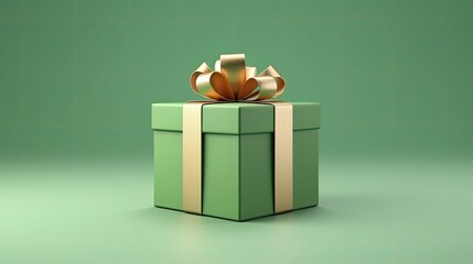 A green gift box with a gold ribbon and bow on a green background. The box is wrapped in a matte paper and has a shiny gold ribbon and bow.