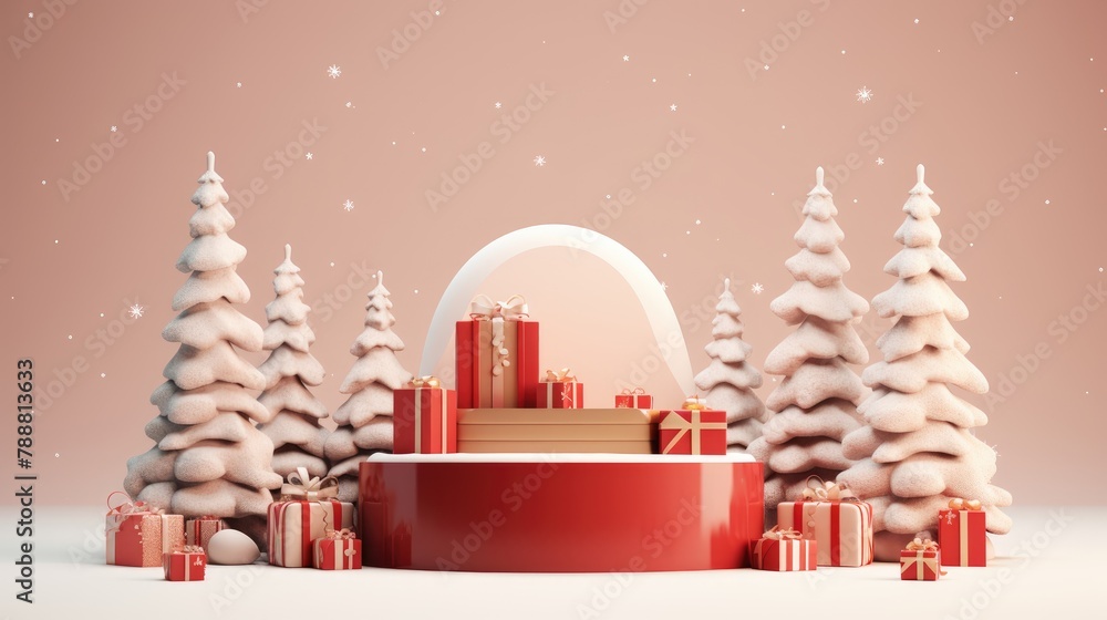 Poster this is a beautiful 3d rendering of a christmas scene. the image features a snowy forest with a vari