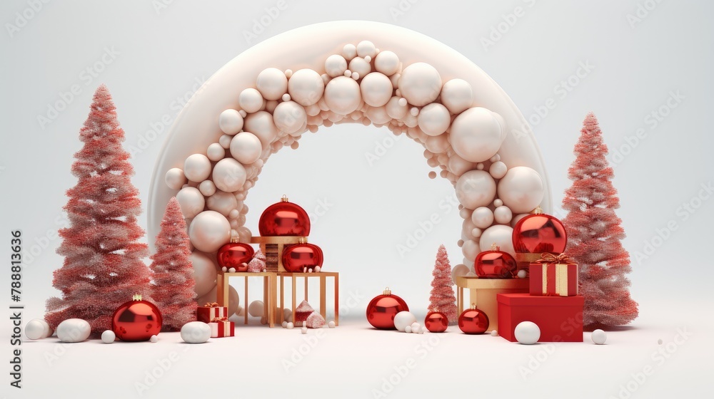 Poster this is a 3d rendering of a christmas-themed scene. there is a large, curved archway made of white a