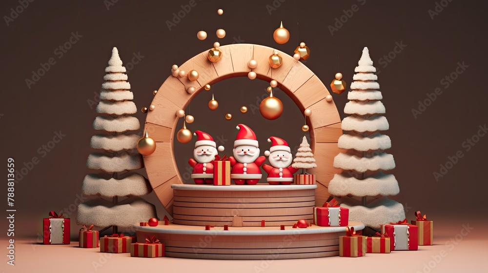 Poster 3d rendering of a christmas scene. three santa clauses are standing on a stage in front of a large c