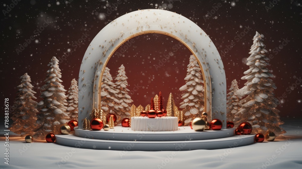 Poster this is a beautiful winter scene with a snow-covered forest and a large archway.