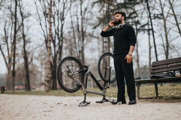 A business entrepreneur enjoys a leisurely break, staying fit by cycling in a tranquil park setting.