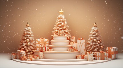 Obraz premium This is a beautiful image of a Christmas display. There are three Christmas trees, decorated with gold and silver ornaments.
