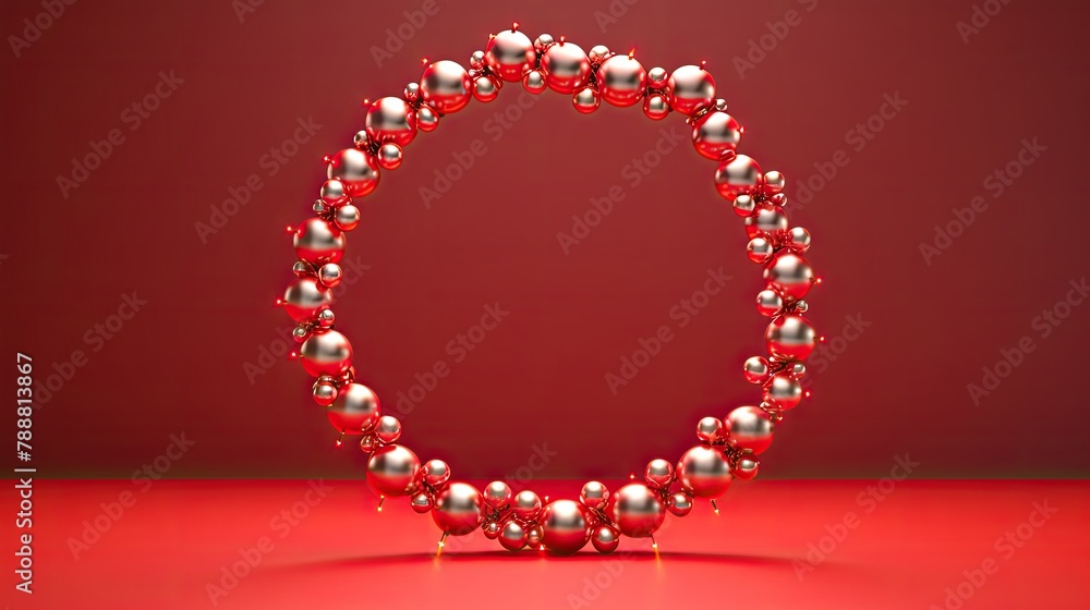 Poster 3d rendering of a festive wreath made of shiny red and gold balls on a red background.