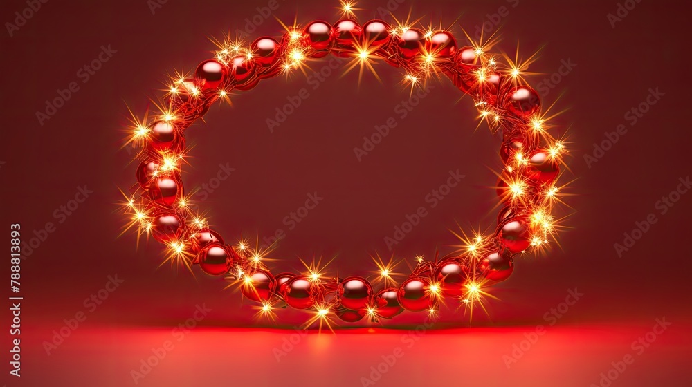Poster Red Christmas balls wreath with glowing sparkles. 3D rendering.