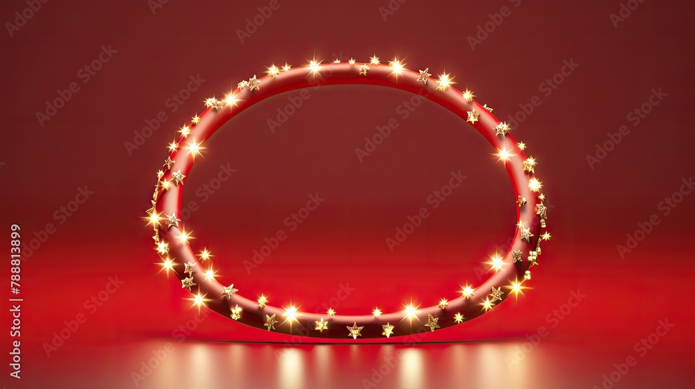 Poster red and gold 3d rendering illustration of an oval frame with stars. the frame is made of a red gloss