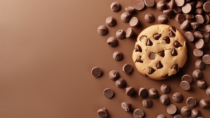 Chocolate chip cookie surrounded by chocolate chips on brown surface - obrazy, fototapety, plakaty