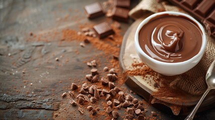 Melted chocolate in bowl with pieces and cocoa powder on wooden surface