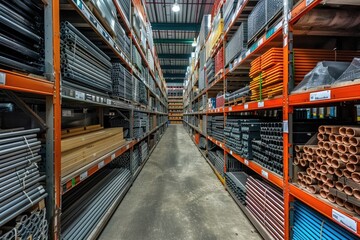 Fototapeta premium A large warehouse with many shelves of pipes and other items. The pipes are in various sizes and colors