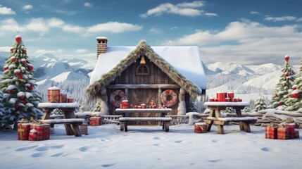 A cozy cabin nestled in a snowy forest.