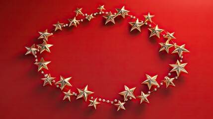 Golden stars arranged in a circle on a red background. The stars are connected by a thin golden chain.