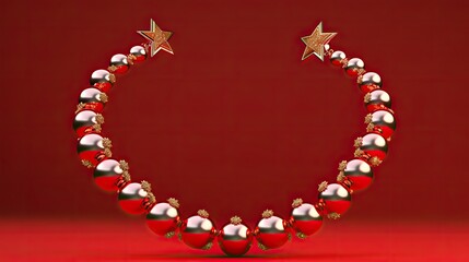 Obraz premium Red and gold Christmas balls wreath on a red background. 3D rendering.