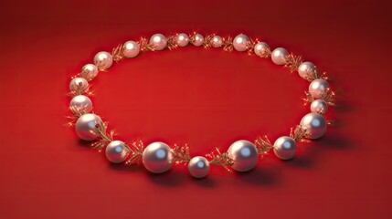 Obraz premium 3D rendering of a Christmas wreath made of white pearls and golden fir branches on a red background.