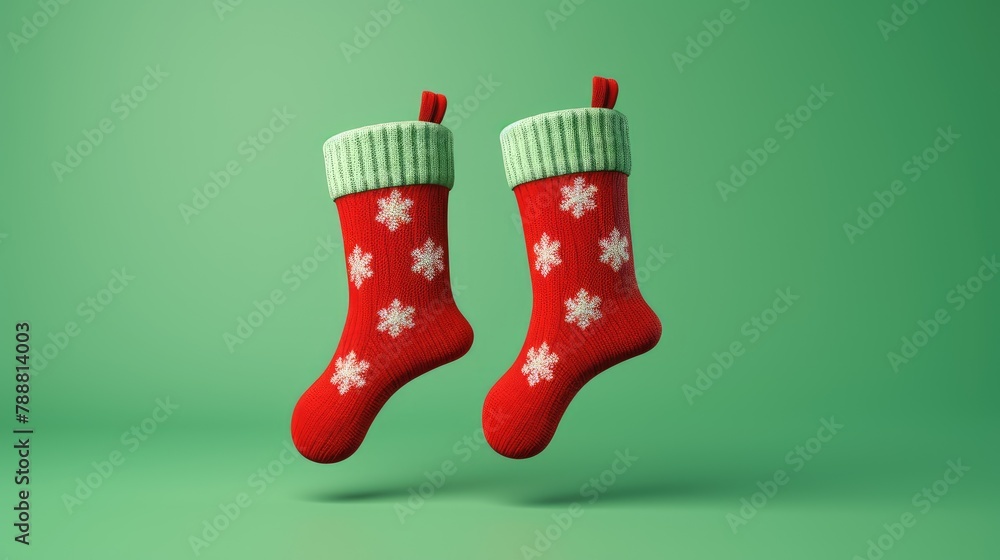 Poster a pair of red and green christmas stockings with a snowflake pattern hanging on a green background.