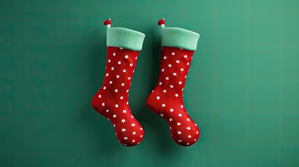 A pair of red socks with white stars hanging on a green background. The socks are empty and have a green cuff. The background is a solid green color.