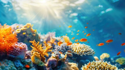 Fototapeta na wymiar Vibrant coral reef with sunbeams penetrating clear blue ocean water