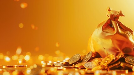 Full money bag on pile of golden coins with warm glow and sparkling bokeh - obrazy, fototapety, plakaty
