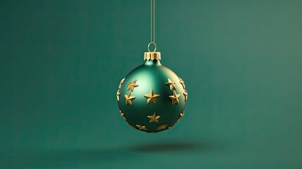 A beautiful green Christmas ornament with gold stars hanging from a gold string against a dark green background.