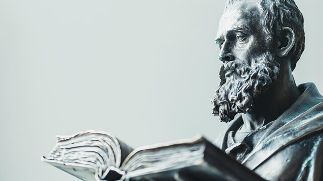 Bronze statue of bearded man reading book