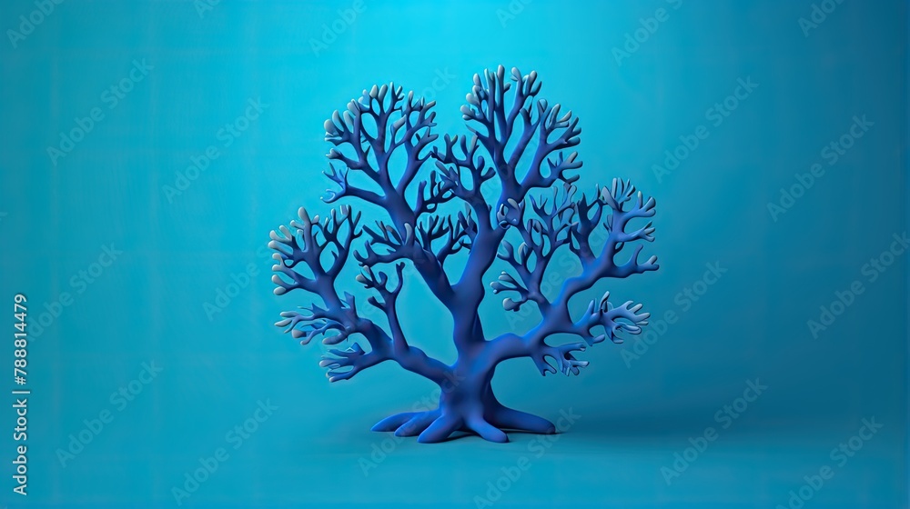 Poster this is a 3d rendering of a blue coral tree. it is set against a blue background and has a simple, e