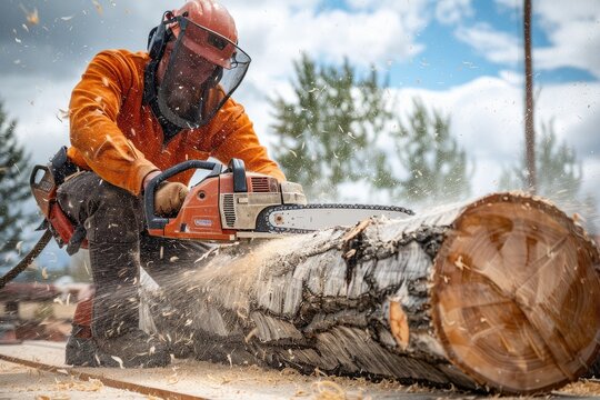A man in an orange shirt is cutting a tree with a chainsaw. The scene is intense and dangerous, as the man is wearing a hard hat and goggles to protect himself from flying debris