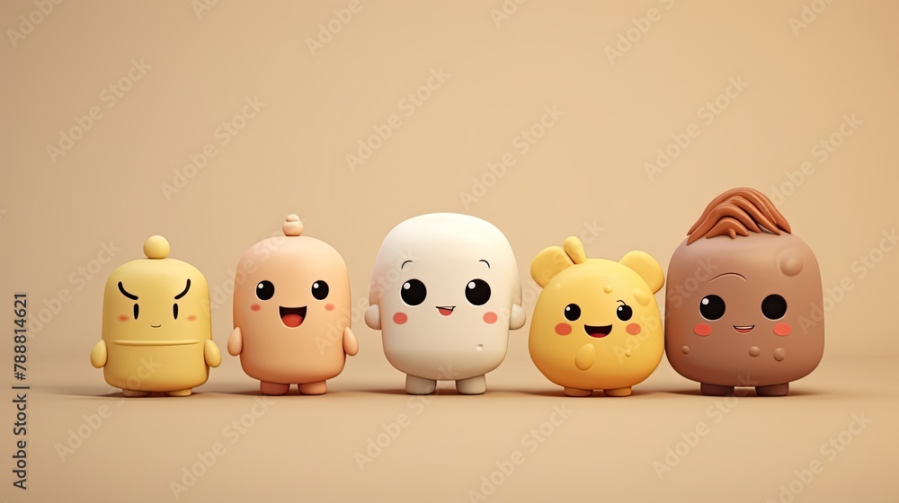 Poster five cute and colorful 3d characters with simple shapes and happy expressions. the characters are ar