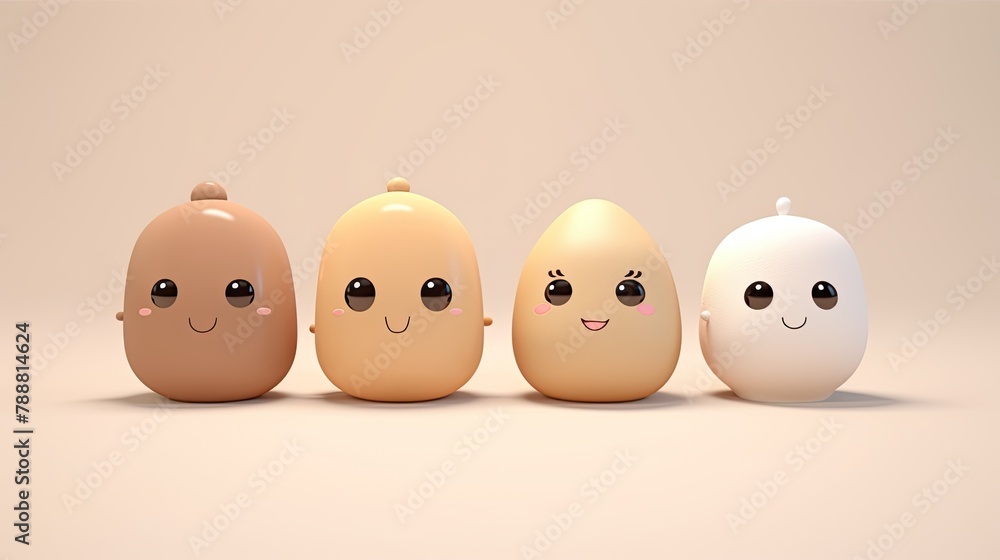 Poster four cute and colorful 3d rendered cartoon characters. the characters are all different colors and h