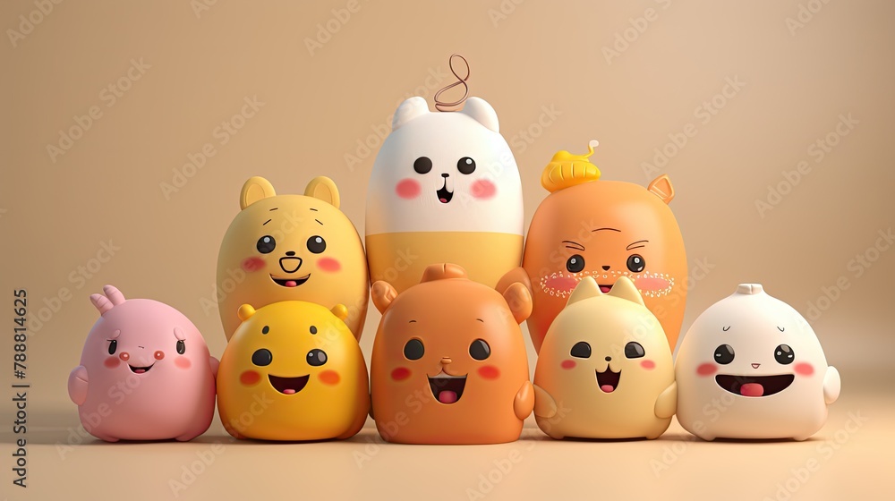 Poster 3d rendering of a group of cute cartoon characters. the characters are all different shapes and colo