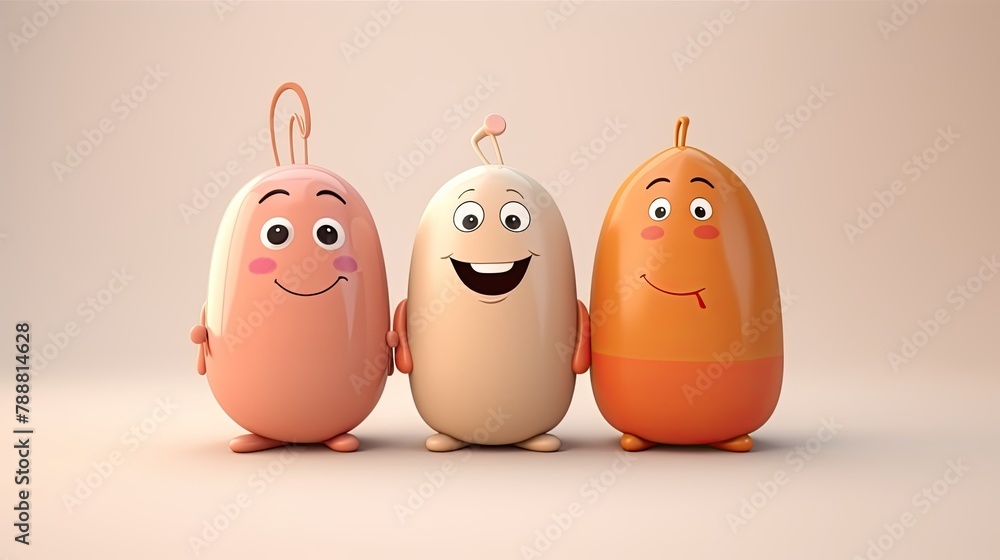 Aufkleber 3d rendering of three cute and colorful cartoon characters.
