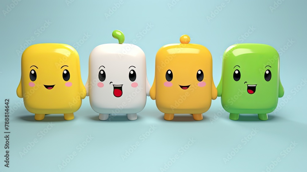 Aufkleber four colorful and cute cartoon characters are standing in a row against a blue background. they are 