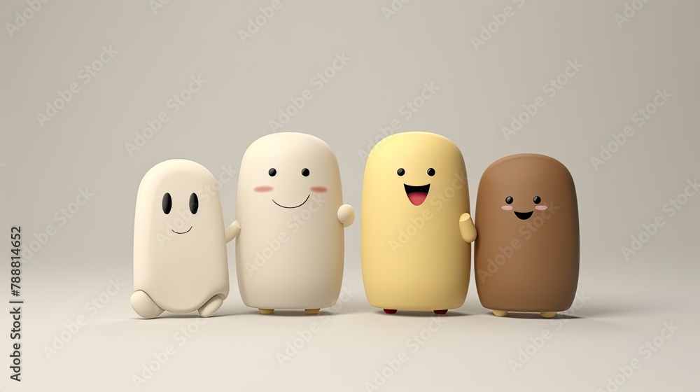 Poster 3d rendering of a group of four cute and friendly cartoon characters, each a different color, standi