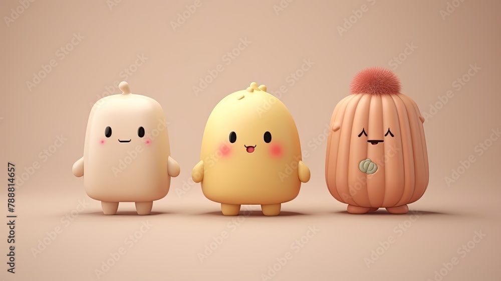 Poster 3d rendering of three cute and colorful cartoon characters. the characters are all different shapes 