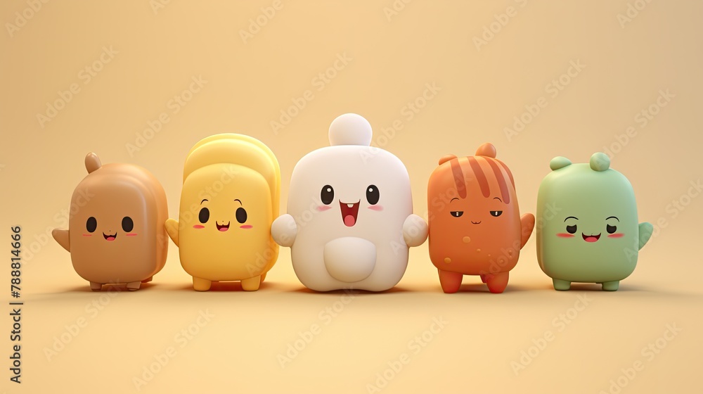 Poster 3d rendering of a group of five cute and colorful cartoon characters, all with different shapes and 
