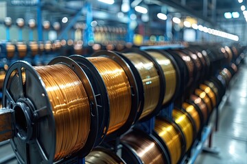 A row of gold and bronze colored wires are hanging from a rack. The wires are in various lengths and are arranged in a neat and orderly fashion. Concept of organization and precision - obrazy, fototapety, plakaty